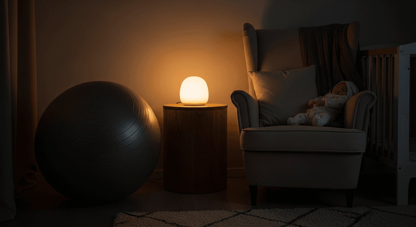 Sanftes Wippen auf dem Pezziball im abgedunkelten Zimmer hilft Eltern, ein unruhiges Schreibaby zu beruhigen.