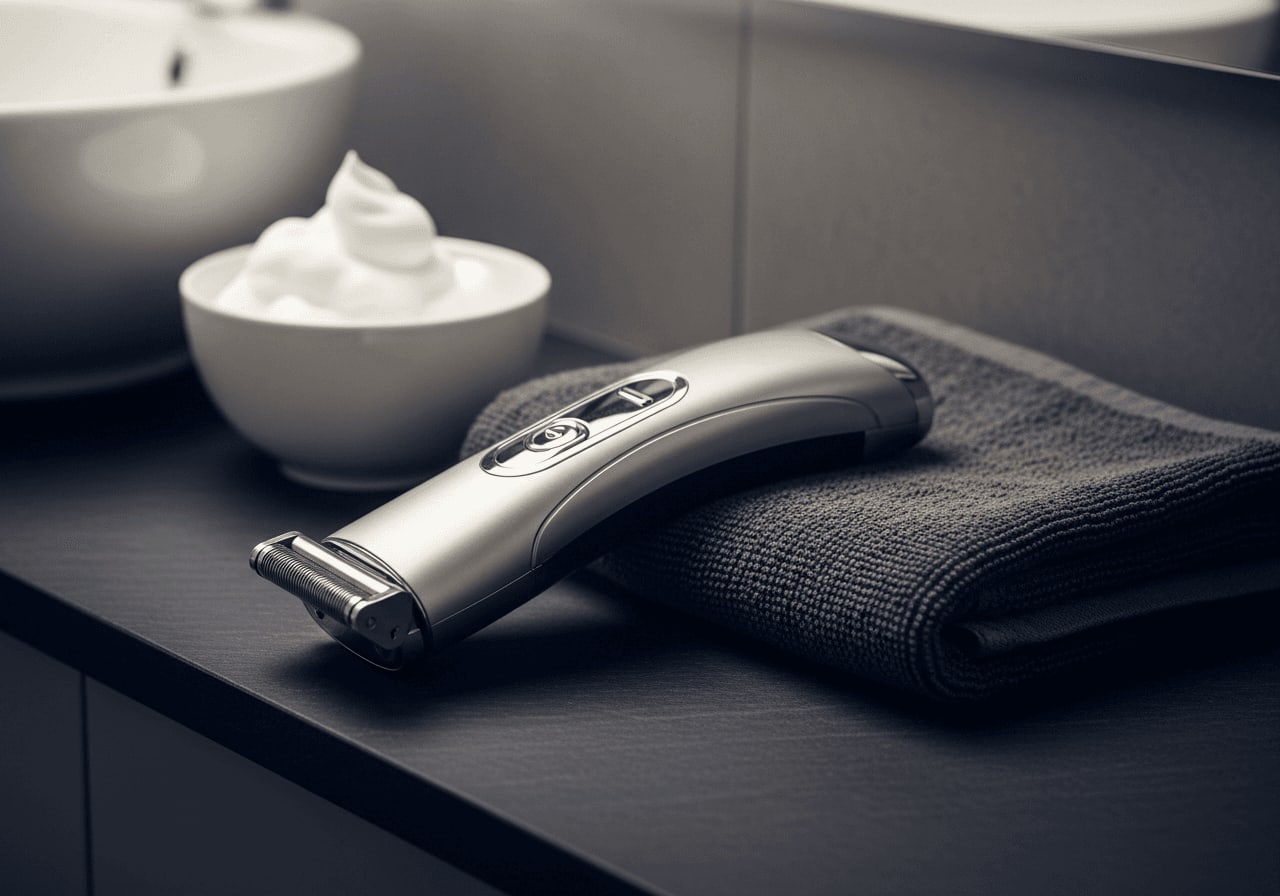 Ein elektrischer Body Groomer für Anfänger liegt auf einer dunklen Schieferplatte neben Rasierschaum und einem Handtuch.