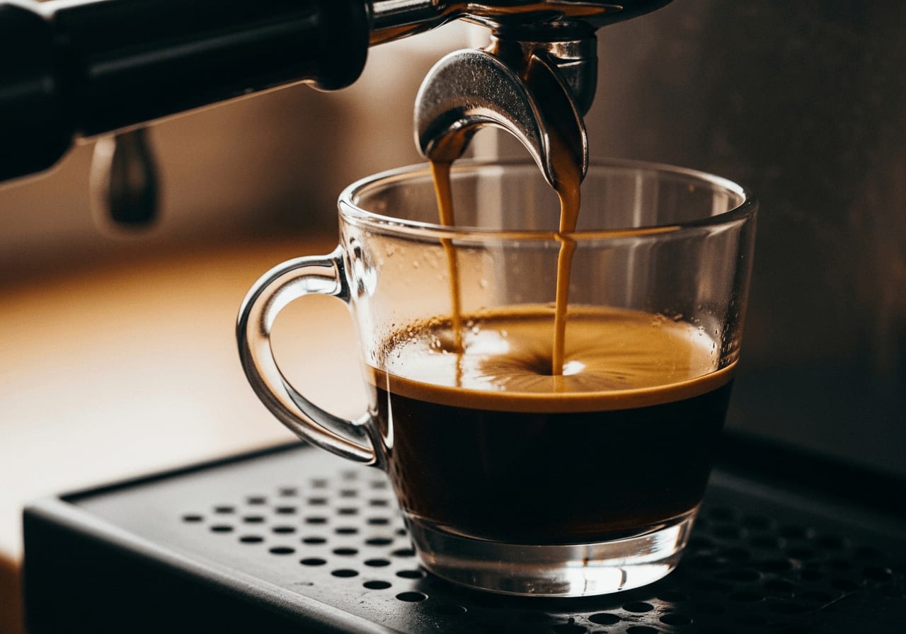 Fehler im Espresso erkennen: Nahaufnahme eines Espressobezugs mit dünner, heller Crema in einer Glastasse.