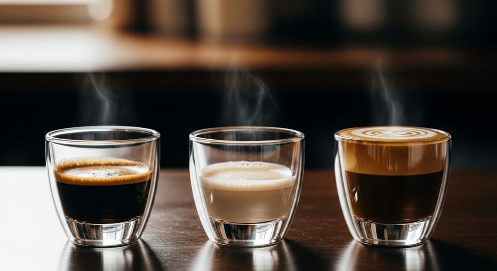 Fehler im Espresso erkennen: Drei Glastassen mit saurem, bitterem und perfektem Espresso im Vergleich auf einer Holztheke.