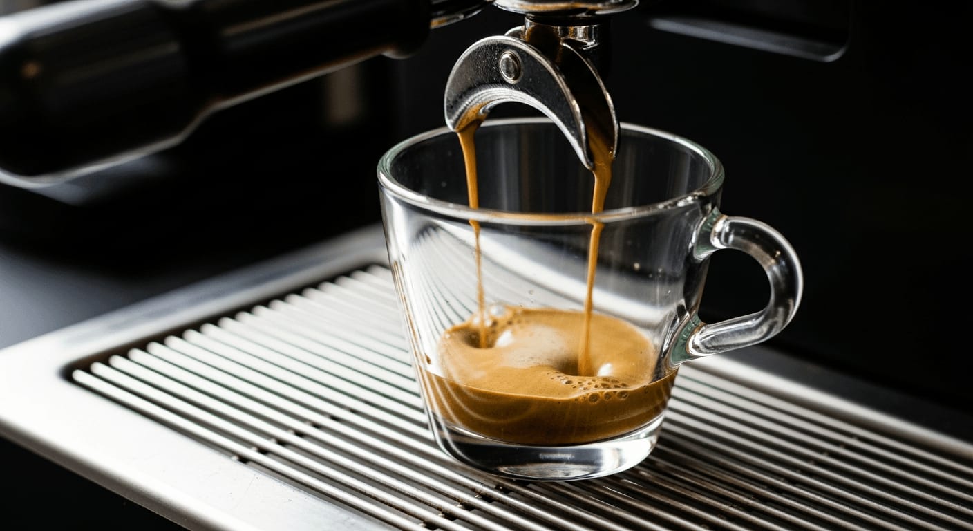 Fehler im Espresso erkennen: Wässriger, saurer Espresso tropft zu schnell in eine Glastasse mit dünner Crema.