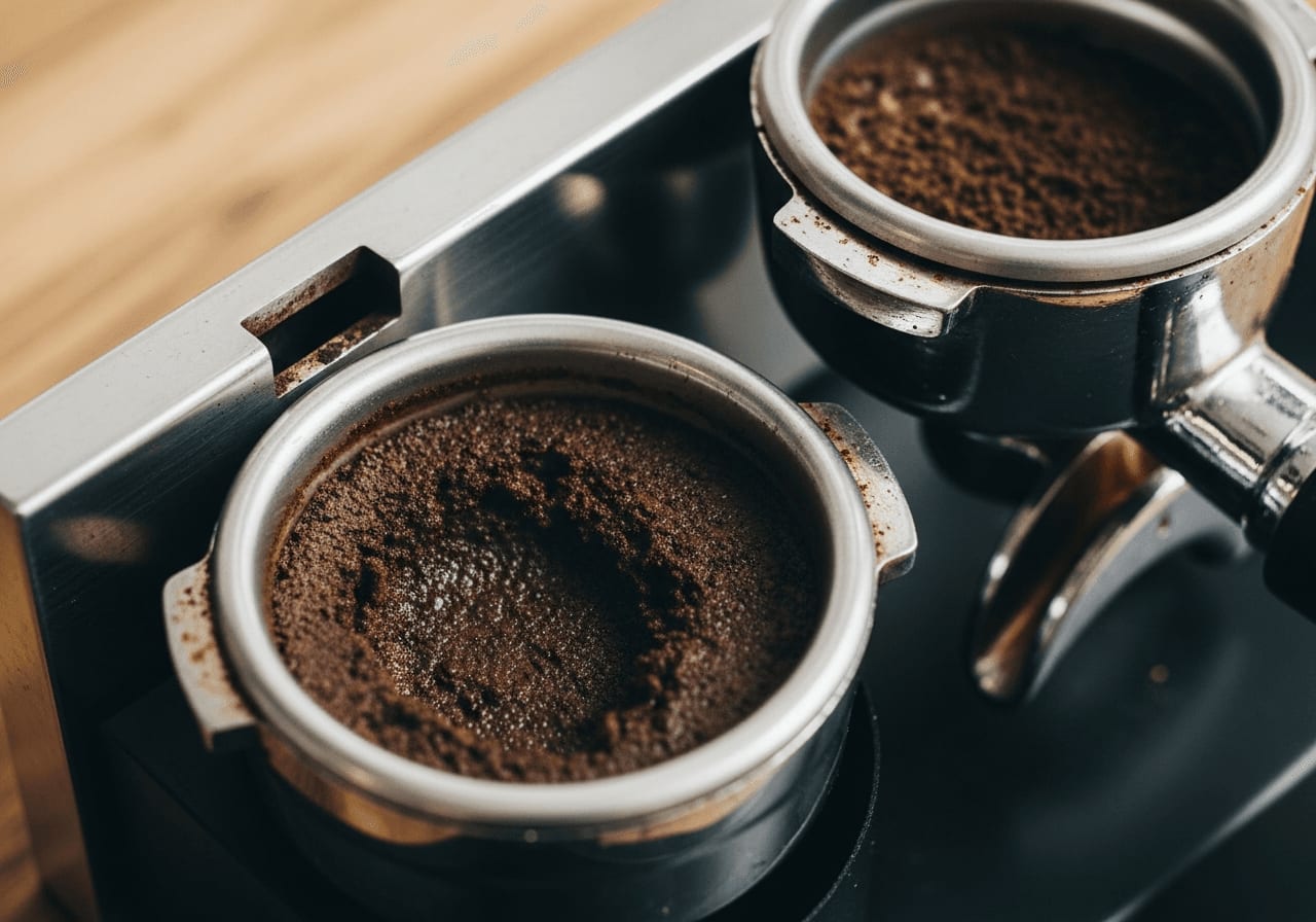 Ein nasser, matschiger Kaffeepuck in einer Abklopfbox zeigt deutliche Fehler im Espresso durch falschen Mahlgrad.