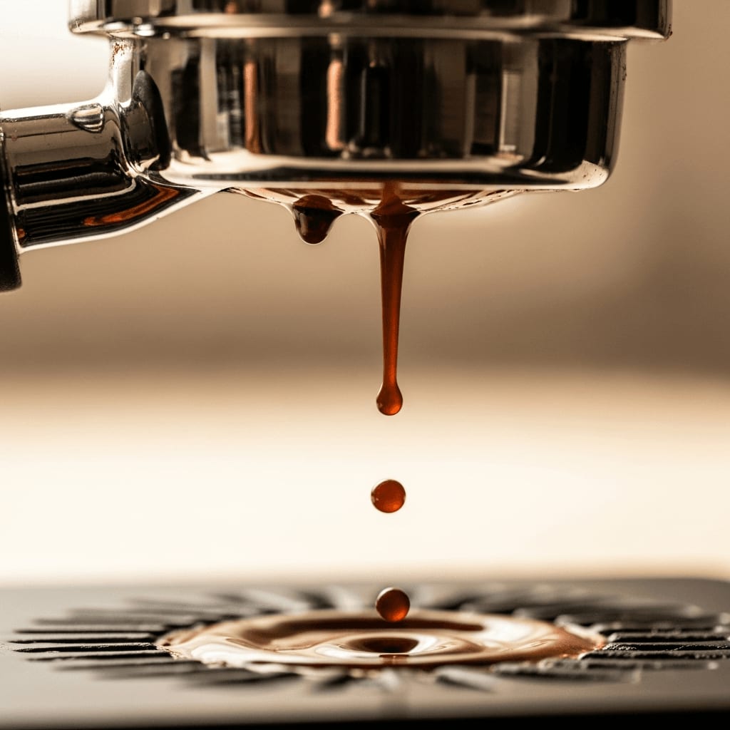 Fehler im Espresso erkennen - Phase 1: Dunkle, dicke Tropfen fallen zu Beginn der Extraktion aus dem bodenlosen Siebträger.