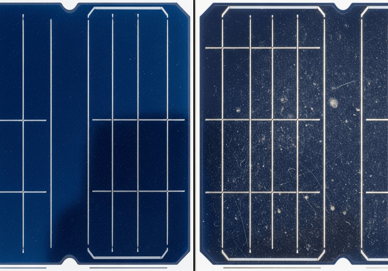 Detailansicht zur Solarmodul Lebensdauer: Vergleich einer fabrikneuen mit einer gealterten Solarzelle durch Degradation