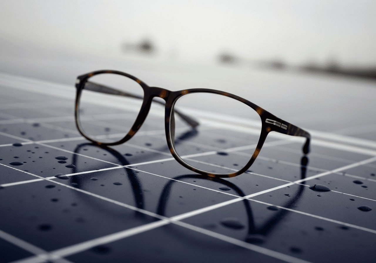 Detailansicht von Regentropfen auf der Glasoberfläche eines Balkon-Solarmoduls als Zeichen der Witterung