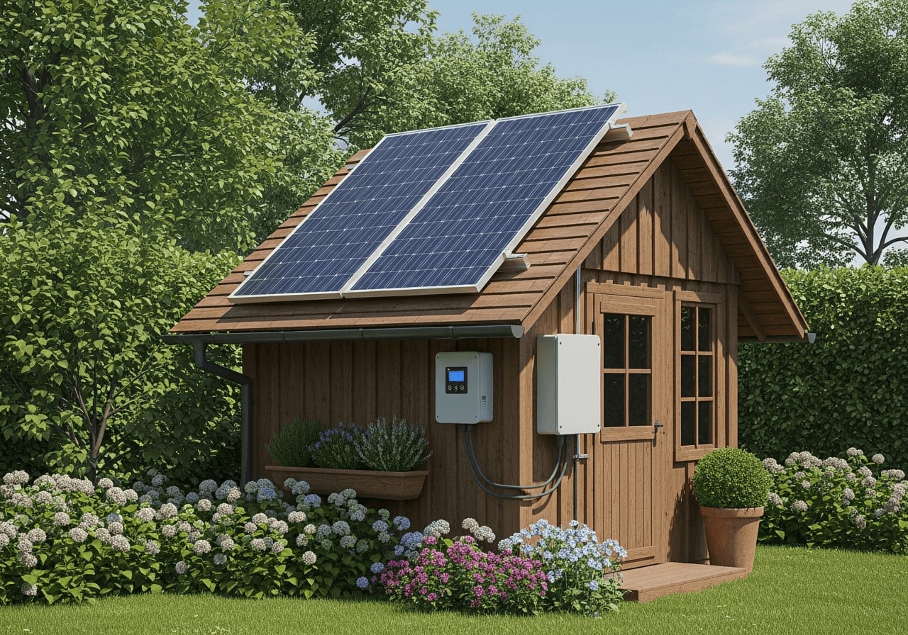 Second-Life Anwendung für ein altes Solarmodul nach 20 Jahren Lebensdauer als Inselanlage auf einem Holz-Gartenhaus