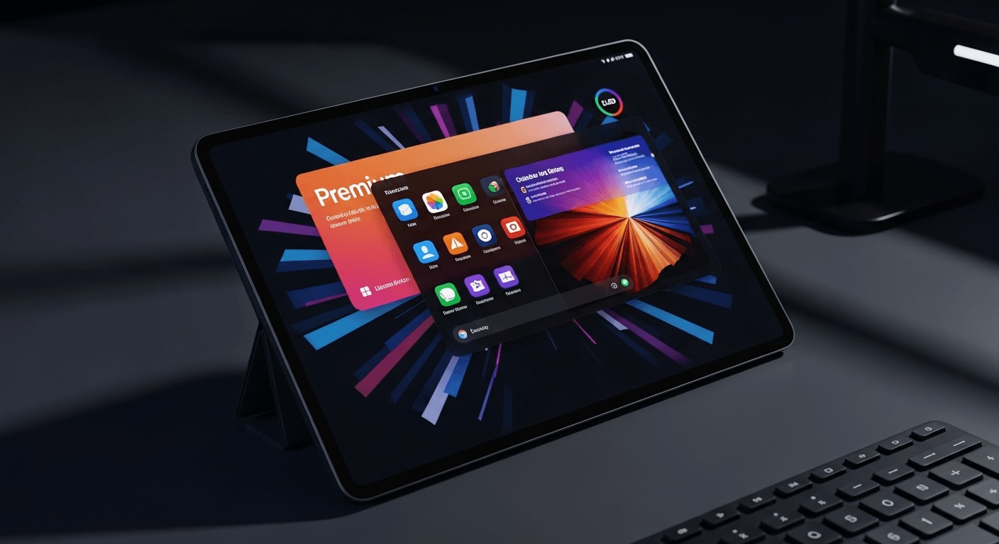OLED-Display des iPad Pro mit Stage Manager und mehreren überlappenden Fenstern auf einem dunklen Schreibtisch
