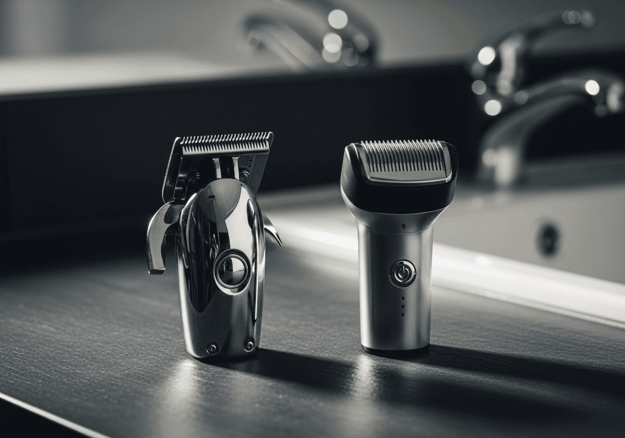 Body Groomer vs. Trimmer: Zwei verschiedene Rasierer für Körper und Bart auf einer dunklen Schieferplatte im Badezimmer.
