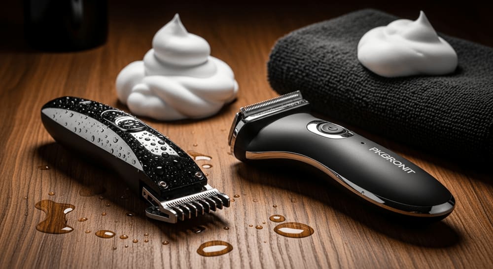Body Groomer vs. Trimmer: Unterschiede und Einsatzbereiche der Pflege-Tools für Männer auf dunklem Holz mit Rasierschaum.