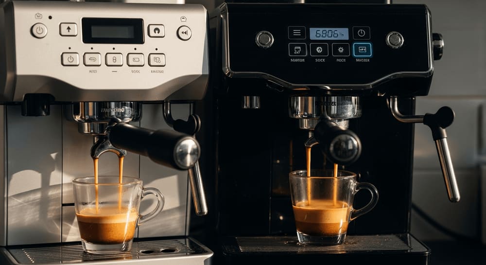 Jura E8 vs. Jura S8 im Vergleich: Zwei Kaffeevollautomaten brühen gleichzeitig Espresso in einer modernen Küche.