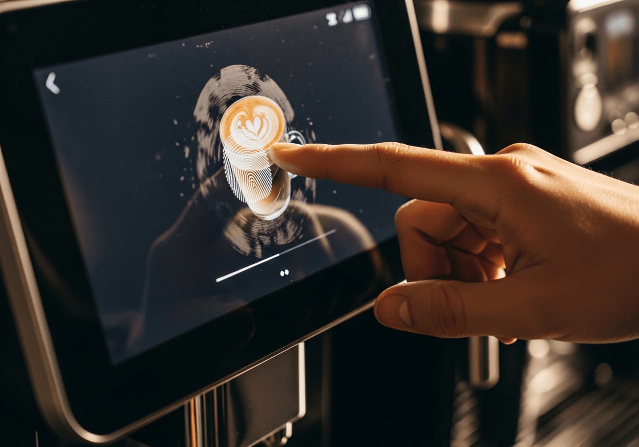 Bedienung des großen Touchscreens der Jura S8 bei der Auswahl eines Cappuccinos mit sichtbaren Fingerabdrücken.