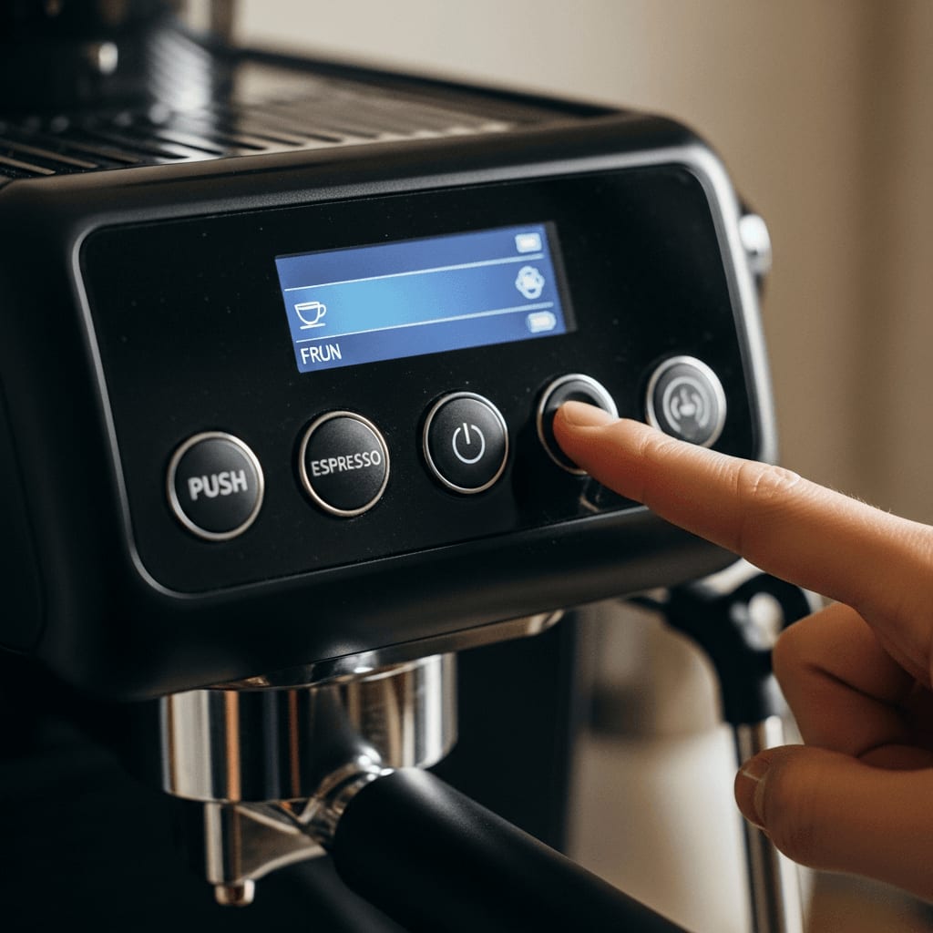 Detailaufnahme der physischen Tasten neben dem Farbdisplay der Jura E8 bei der Espresso-Zubereitung.