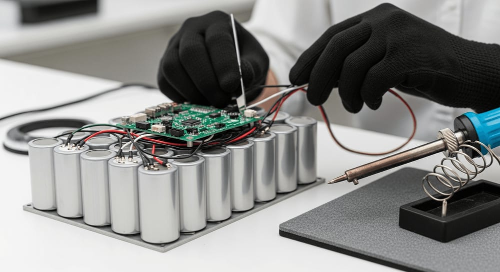 Sicherheits-Check beim Bau eines DIY Batteriespeichers aus alten Lithium-Zellen mit Werkzeug