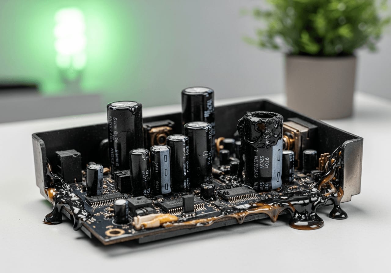 Verkohlte Platine eines defekten Batteriemanagementsystems nach einem Brand im DIY Heimspeicher