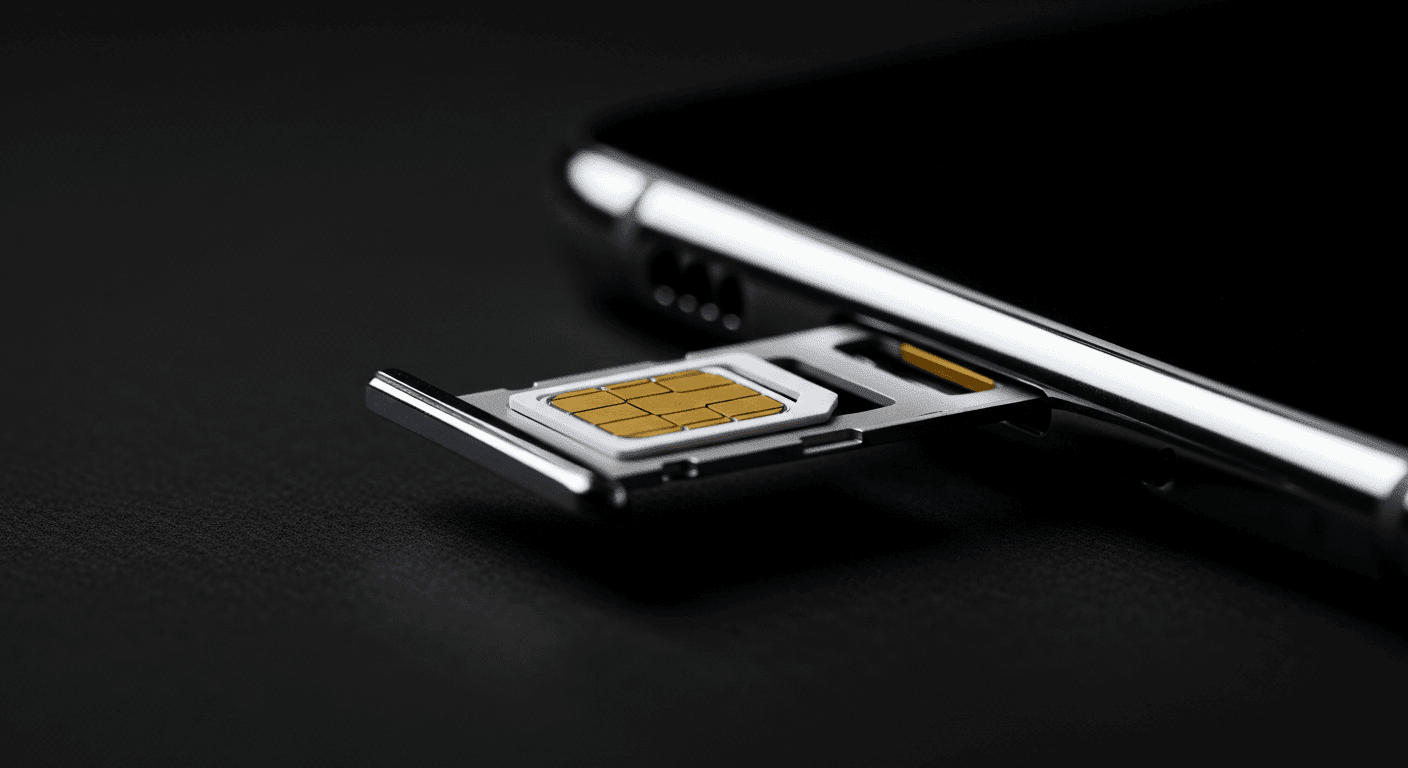 Smartphone Vertrag vs Kauf: Nahaufnahme einer SIM-Karte auf dem Schlitten eines Premium-Handys vor dunklem Hintergrund.
