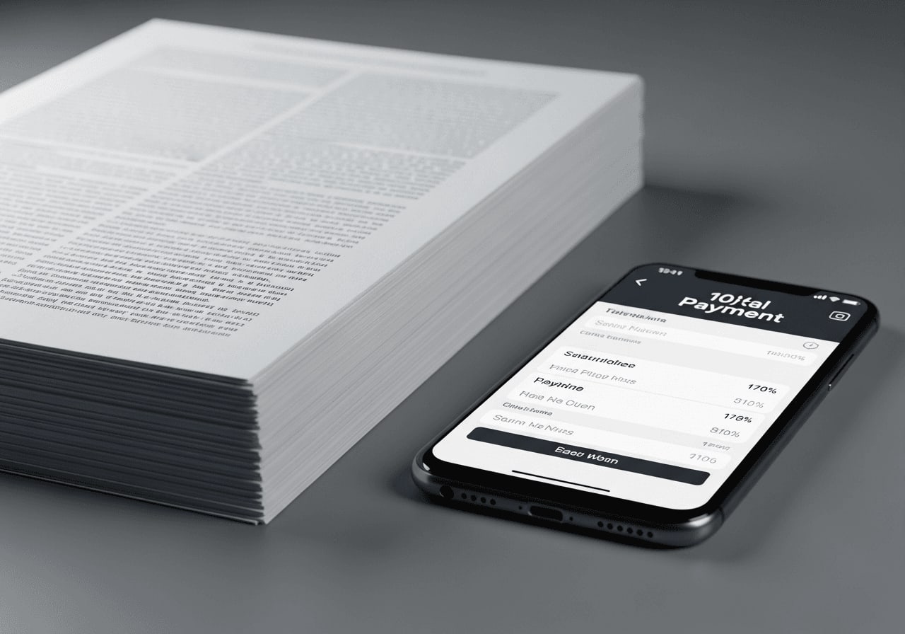 Finanzierung beim Handy-Kauf: Ein dicker Papiervertrag liegt neben einem Smartphone mit übersichtlicher Tarif-App.