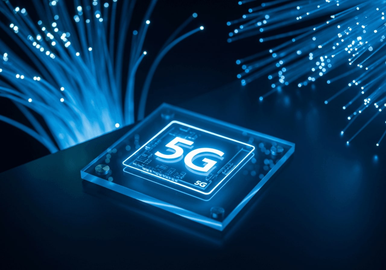 Schnelles Netz im Handy-Abo: Ein leuchtendes 5G-Symbol auf einem Glasdisplay, umgeben von modernen Glasfaserkabeln.