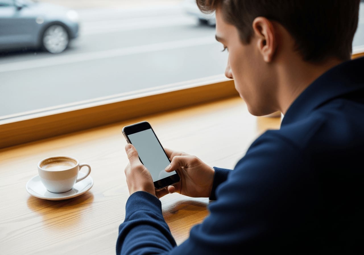 Junge-Leute-Tarif beim Handy-Abo: Eine junge Person schaut entspannt auf ihr Smartphone in einem hellen Café.
