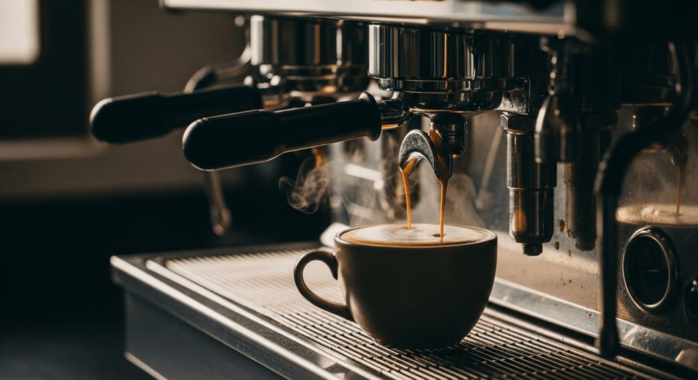 Siebträgermaschinen Kaufberatung: Detailaufnahme einer Dualboiler-Espressomaschine bei der Extraktion in eine Keramiktasse.