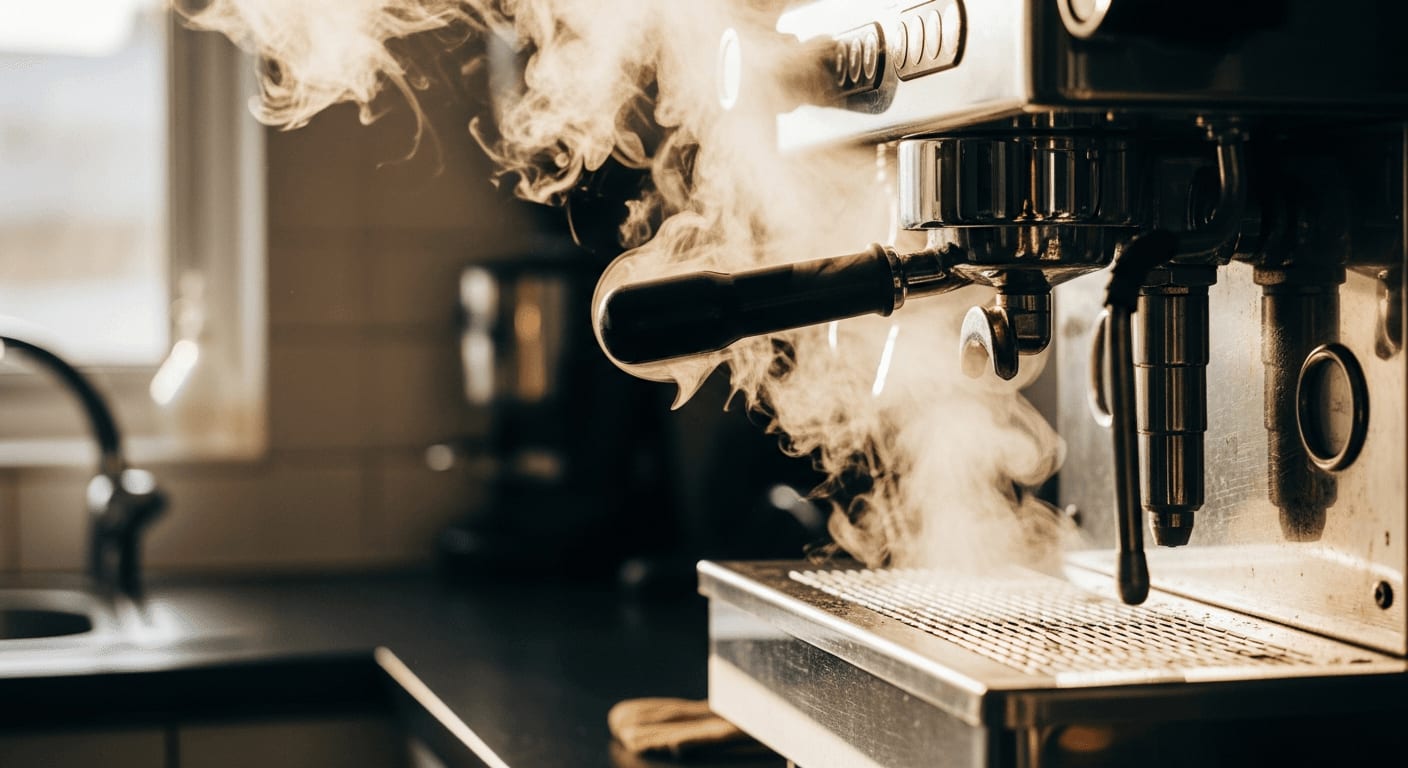 Einstieg in die Siebträgermaschinen Kaufberatung: Aufsteigender Dampf an der Brühgruppe einer Edelstahl-Espressomaschine.