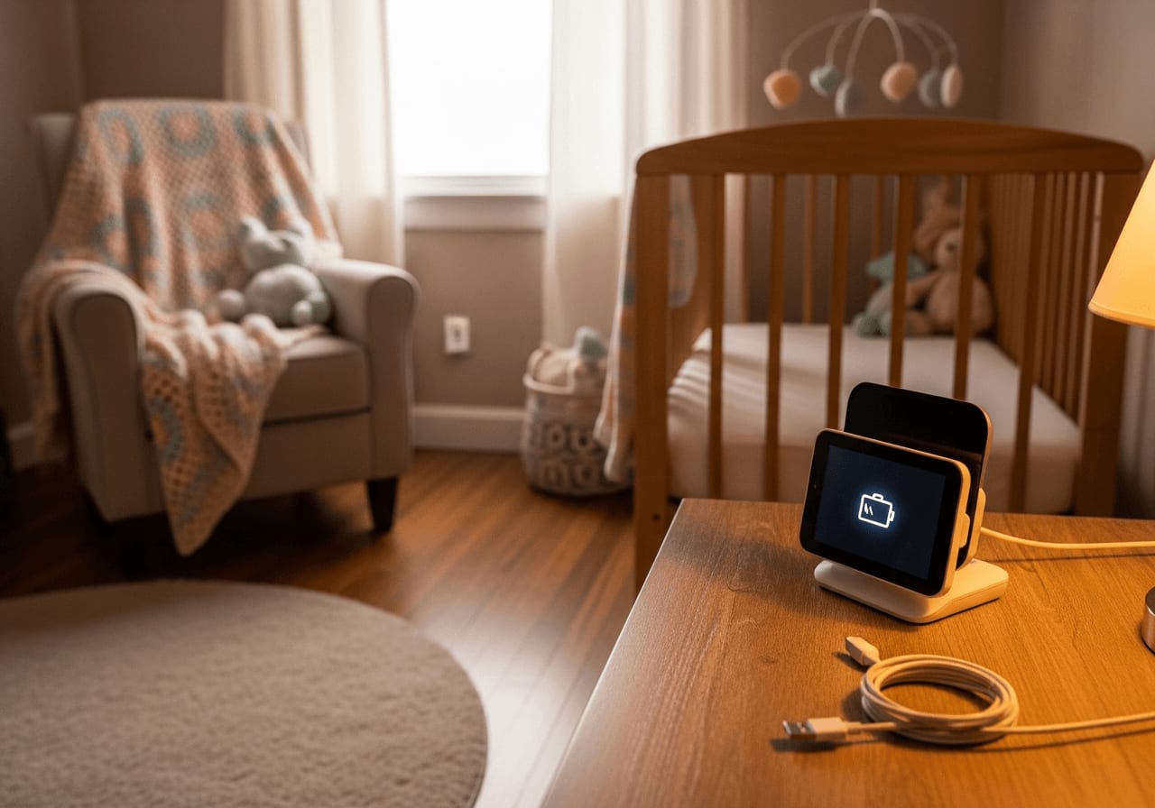 Akkulaufzeit von Babyphones optimieren: Modernes Empfangsgerät mit Batterieanzeige neben einem Ladekabel auf dem Nachttisch