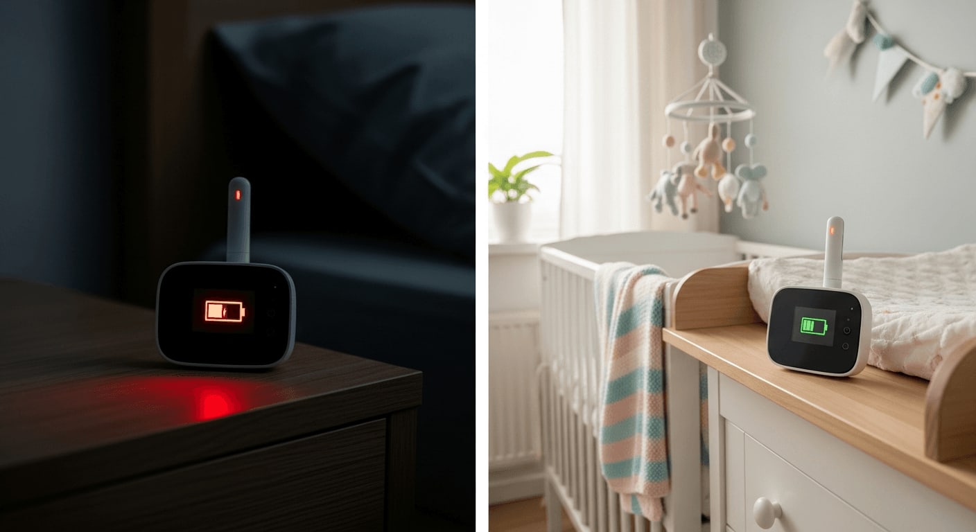 Elterneinheit eines Babyphones mit kritisch rotem Akkusymbol auf einem Nachttisch in der Nacht