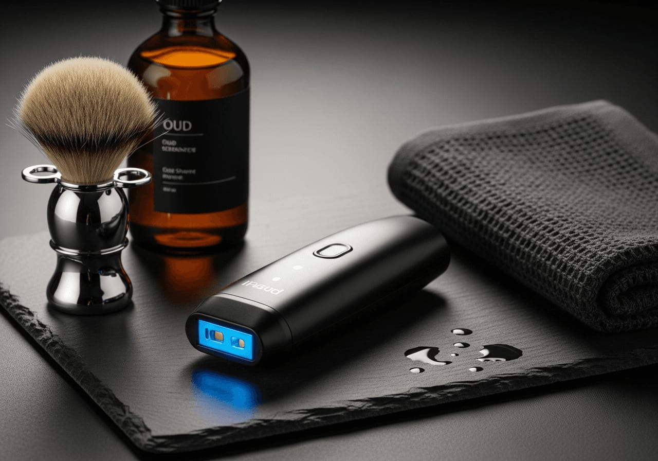 Modernes smartes IPL-Gerät auf dunkler Schieferplatte als Highlight der Beauty-Tech-Trends 2025