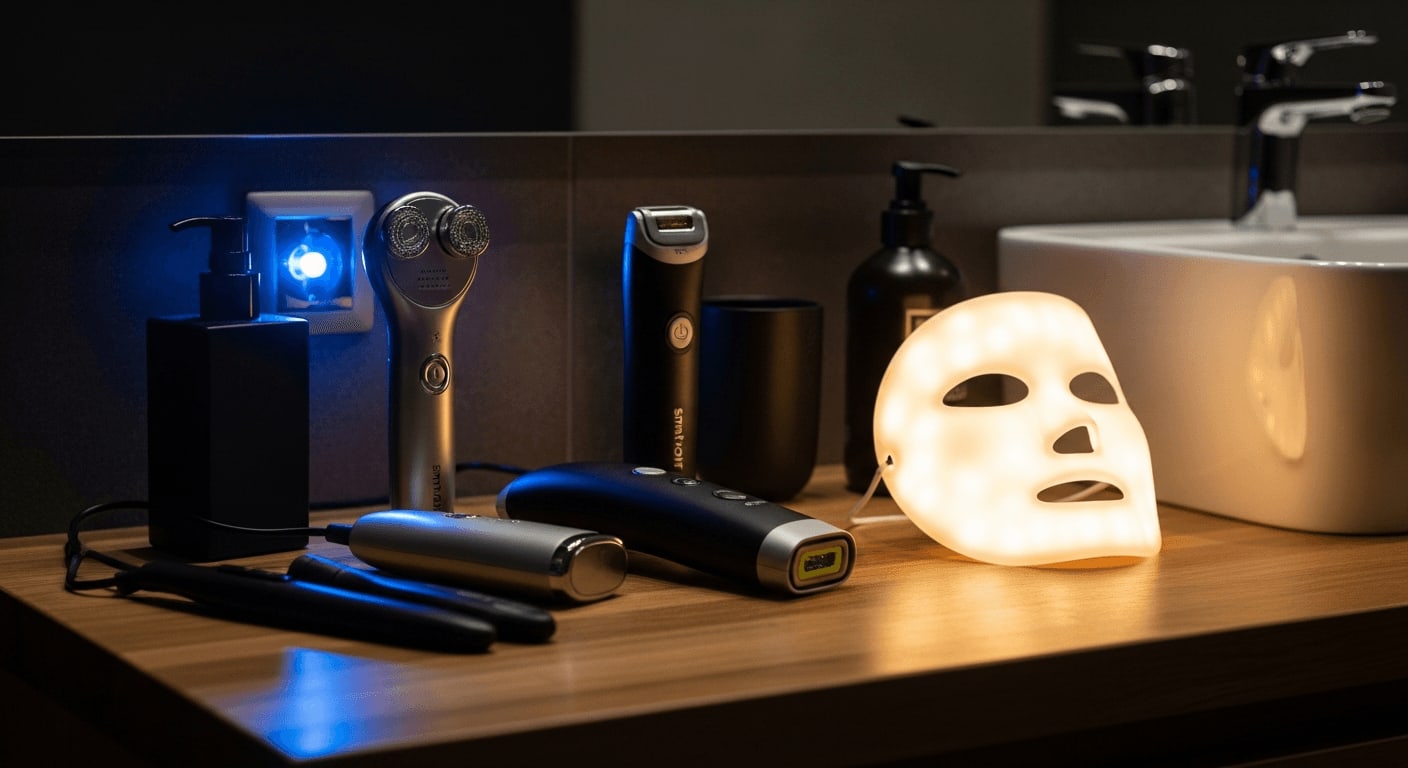 Luxuriöses Badezimmer mit neuen Beauty-Tech-Trends 2025 wie smarten IPL-Geräten und Sensoren