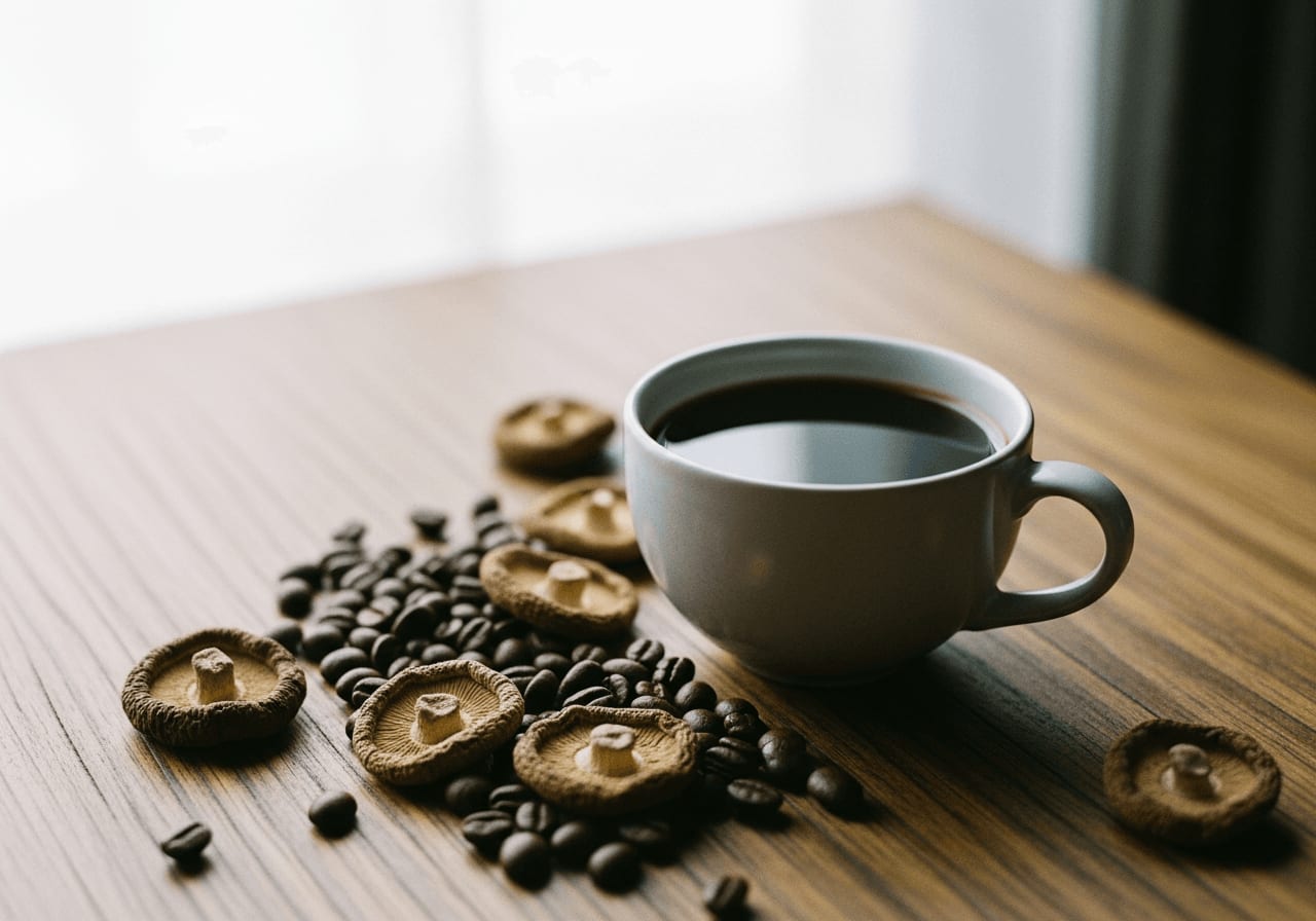 Pilz-Kaffee im Test: Eine Tasse dunkler Kaffee neben gerösteten Kaffeebohnen und getrockneten Vitalpilzen auf Holz.