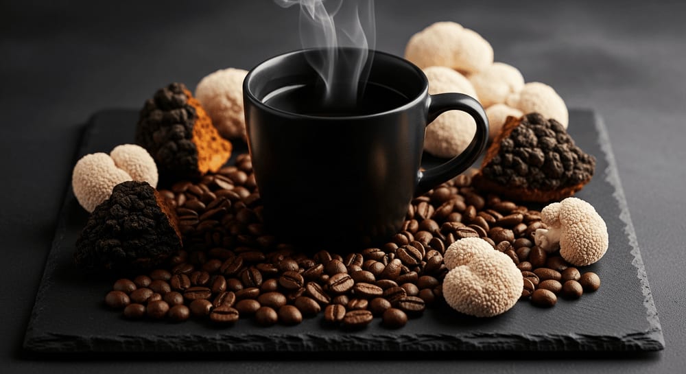 Dampfender Pilz-Kaffee in einer schwarzen Keramiktasse umgeben von Kaffeebohnen und Vitalpilzen auf dunklem Schiefer.