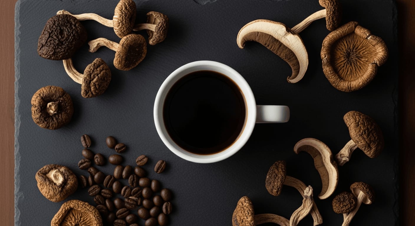 Barista-Testbericht zu Pilz-Kaffee: Eine Tasse dunkler Kaffee neben Kaffeebohnen und Vitalpilzen auf Schieferplatte.