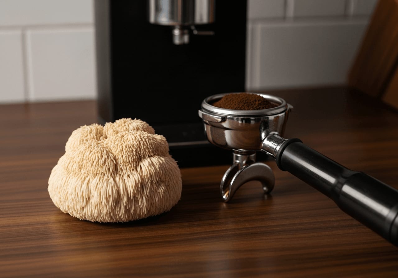Vitalpilze wie Lion's Mane neben einem Siebträger mit gemahlenem Kaffee für die Zubereitung von Pilz-Kaffee.