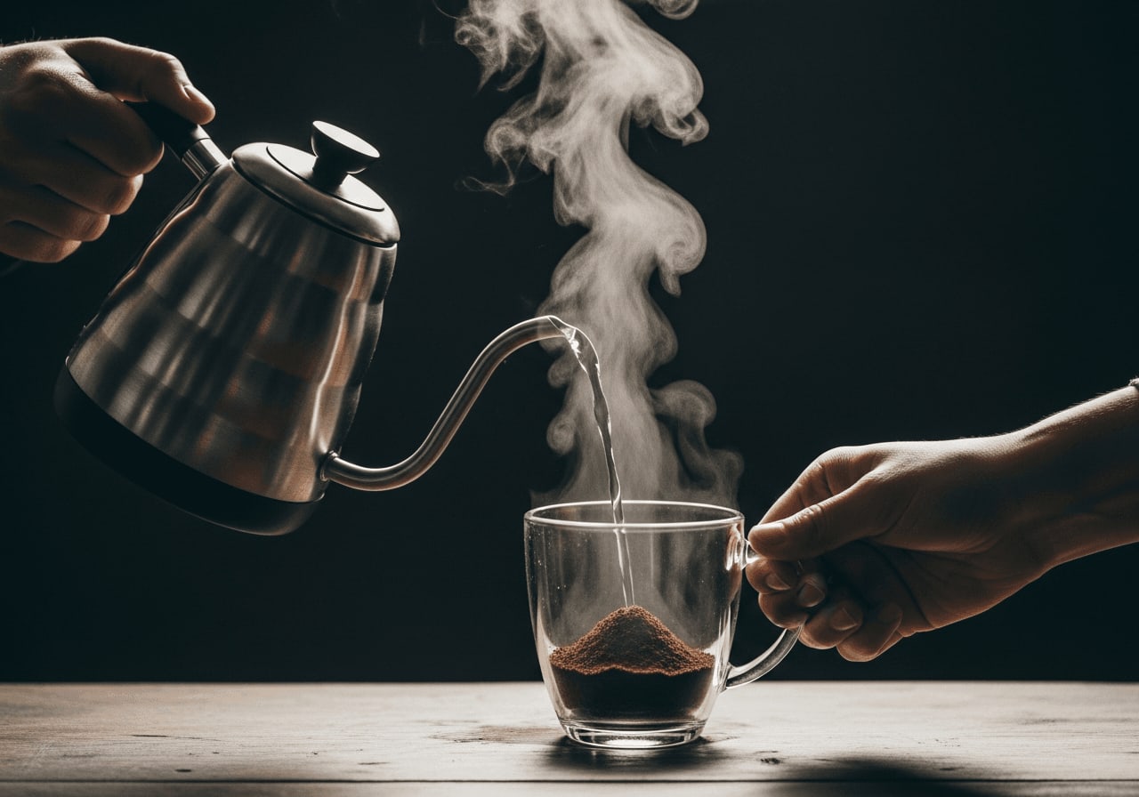 Zubereitung von Instant-Pilz-Kaffee: Heißes Wasser wird aus einem Schwanenhalskessel in ein Glas gegossen.