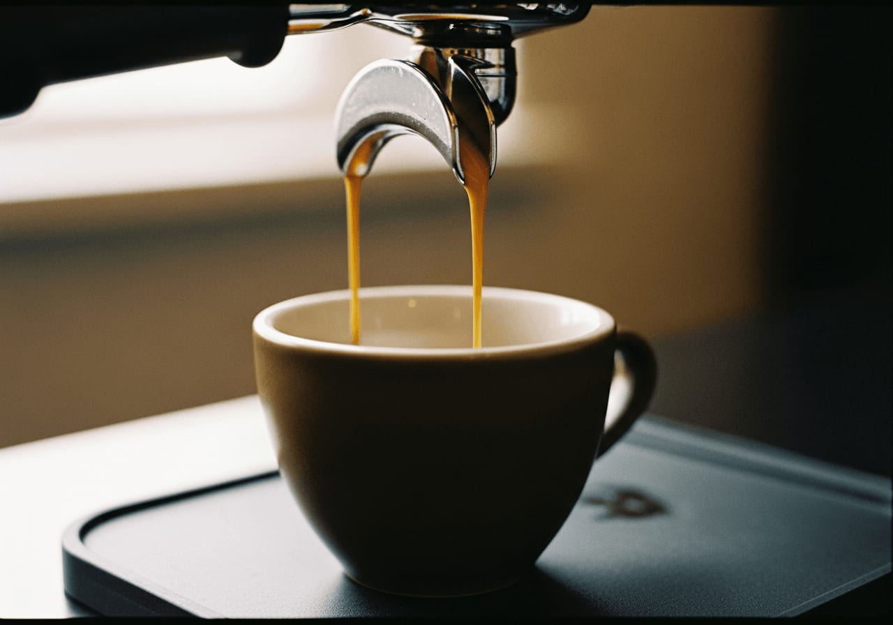 Vergleich für Pilz-Kaffee: Perfekter Espresso-Shot mit dicker Crema fließt aus einem Siebträger in eine Tasse.