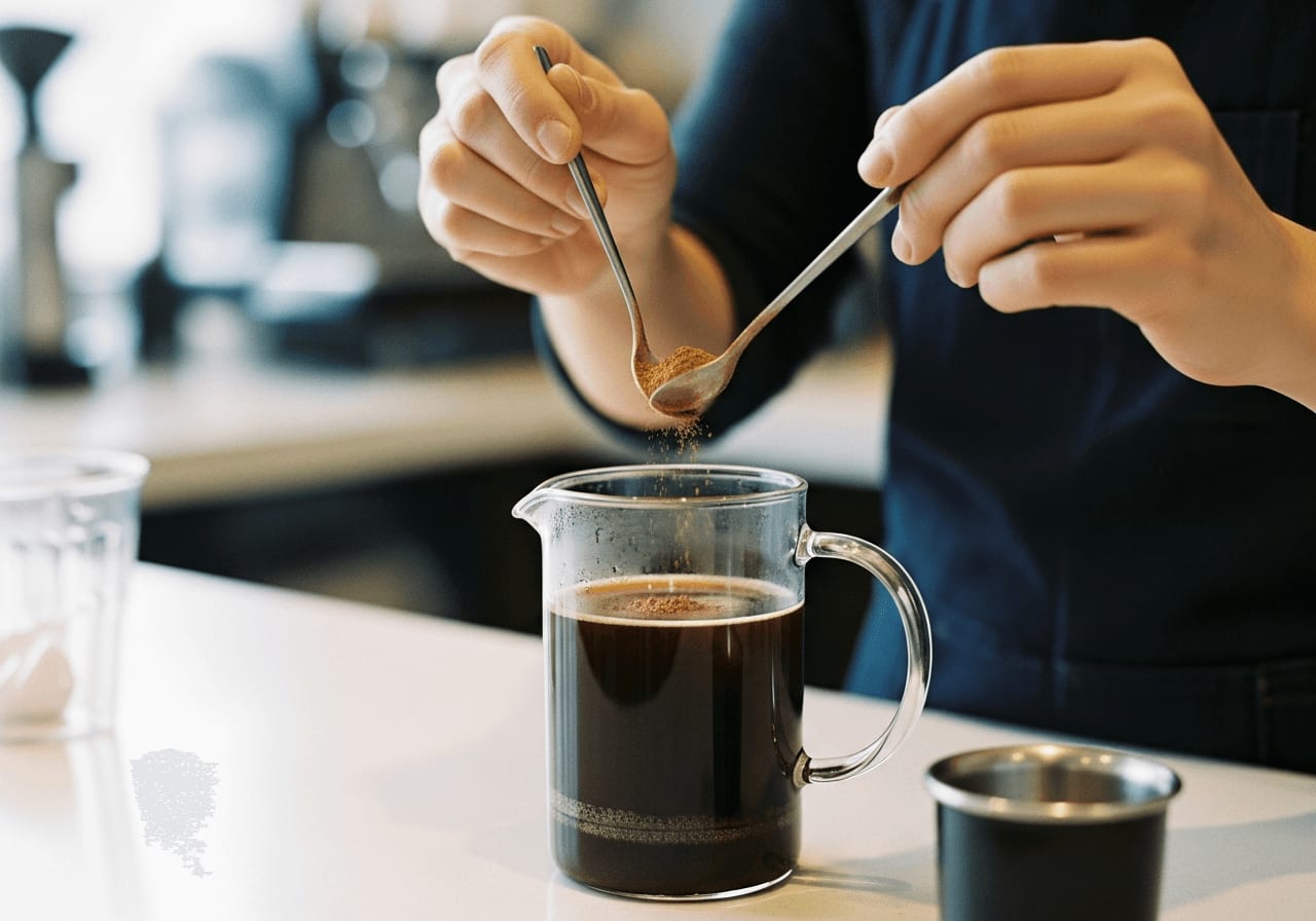 Barista rührt Pilz-Kaffee-Extraktpulver mit einem langen Metalllöffel in eine frisch gebrühte French Press ein.