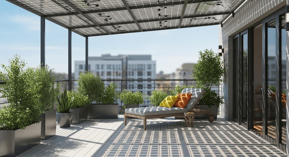 Klimaresilienz am Balkon durch Solar-Module als Schattenspender: Eine kühle Oase mit Lounge-Möbeln unter einem Solardach.