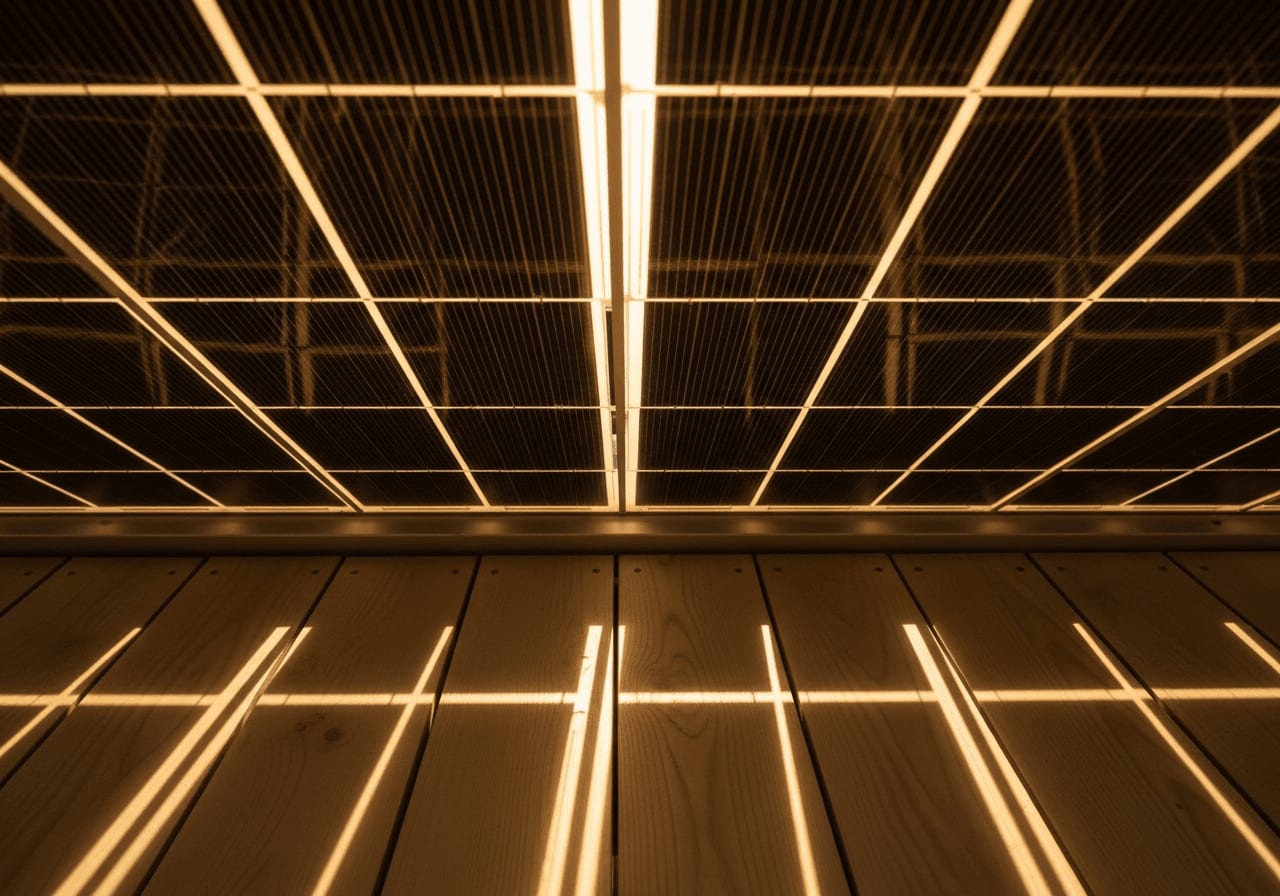 Semitransparente Solar-Module werfen ein gemütliches Schattenspiel auf den Balkonboden und verbessern die Klimaresilienz.