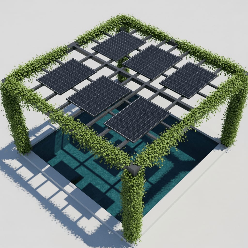 Pergola mit integrierten Solar-Modulen auf einem Balkon kombiniert mit Kletterpflanzen für natürliche Klimaresilienz.