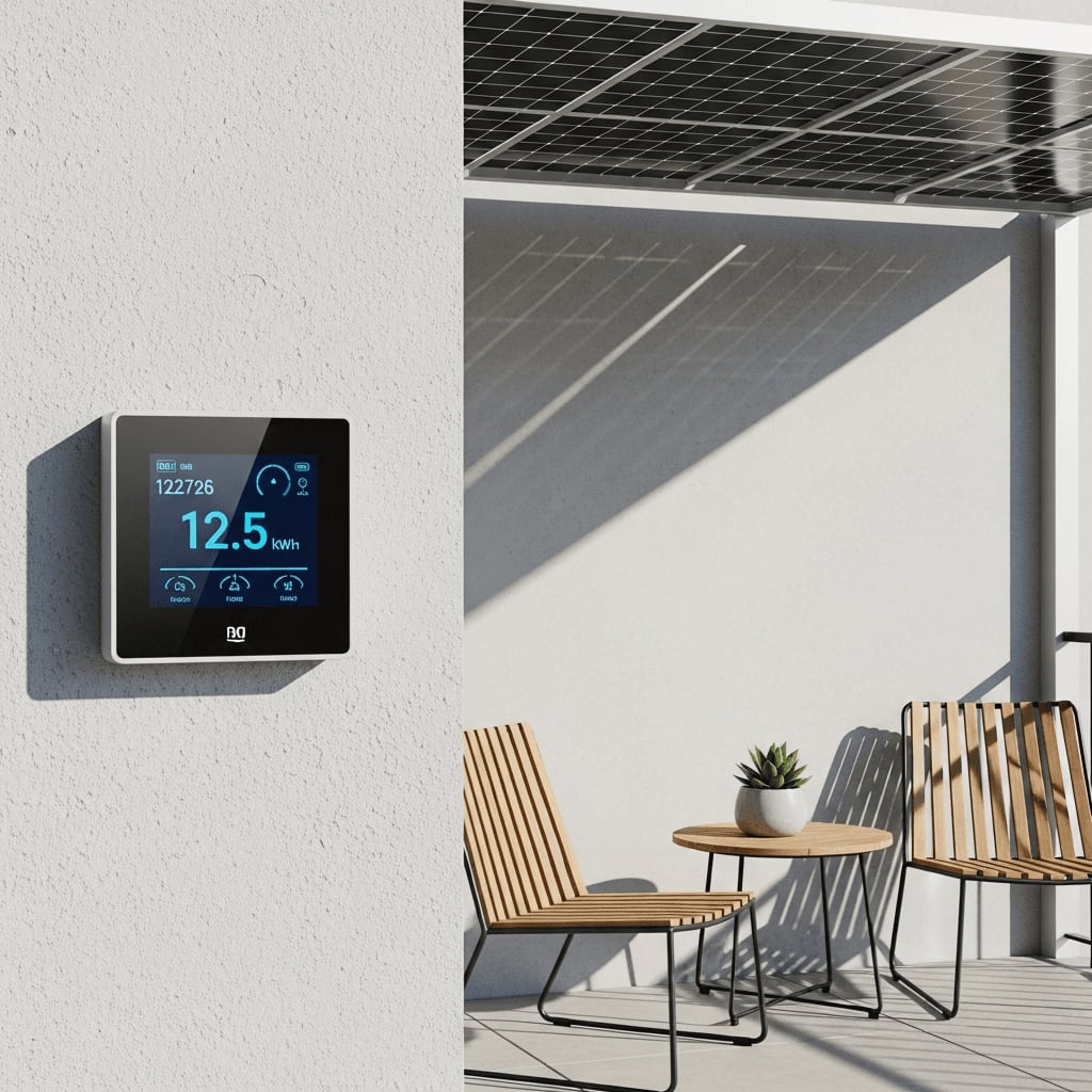 Smart-Home-Anzeige für Gratis-Strom neben einer gemütlichen Sitzecke im Schatten der Solar-Module am Balkon.