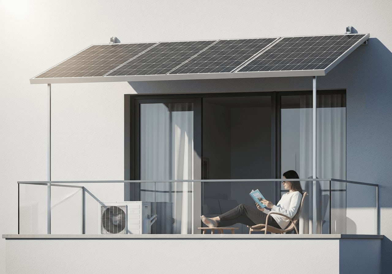 Person entspannt im Schatten angewinkelter bifazialer Solar-Module am Balkon, während eine mobile Klimaanlage läuft.