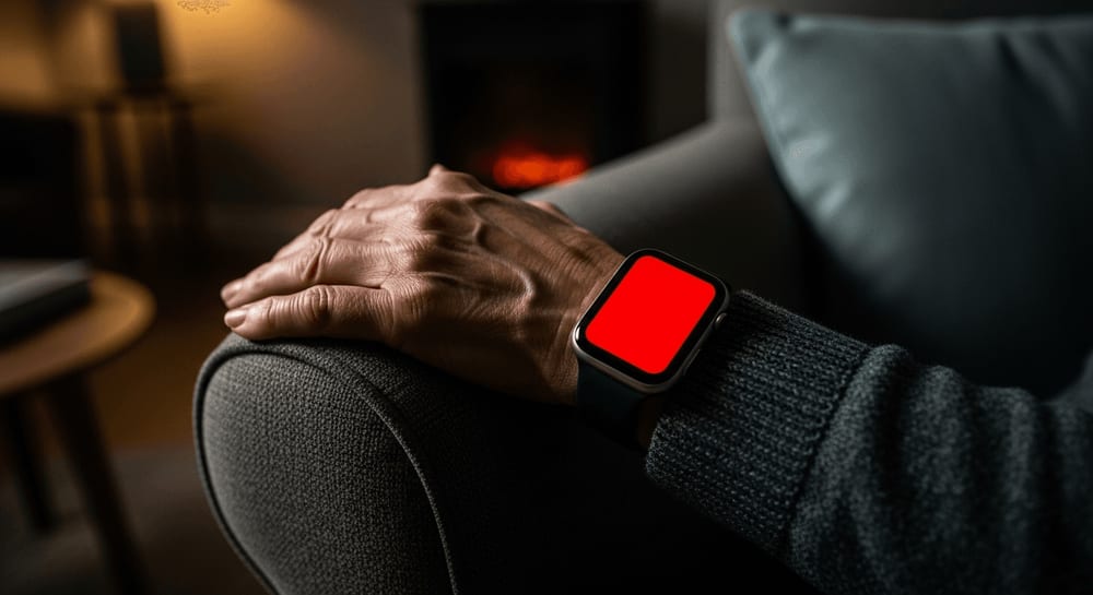 Zuverlässige Smartwatch für Senioren am Handgelenk mit leuchtendem SOS-Notruf-Display im gemütlichen Wohnzimmer.