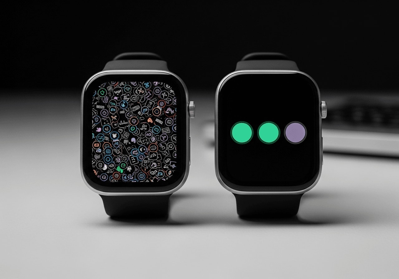 Smartwatch für Senioren im Vergleich: Komplexes Menü neben einem vereinfachten Display mit großen Tasten zur Sturzerkennung.