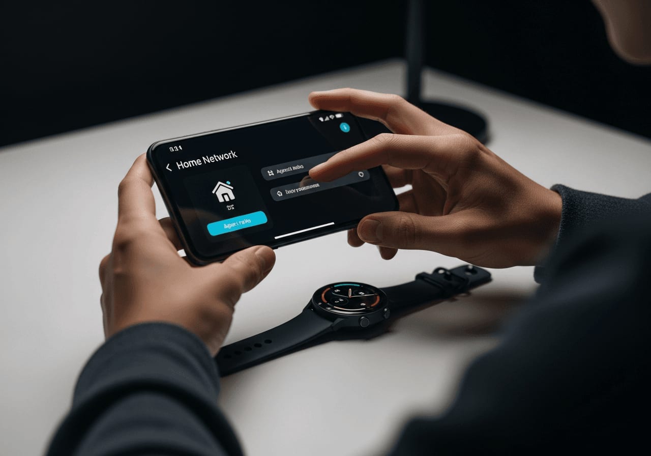 Einrichtung einer Smartwatch für Senioren über eine Smartphone-App zur Konfiguration von WLAN und Notruf-Funktionen.