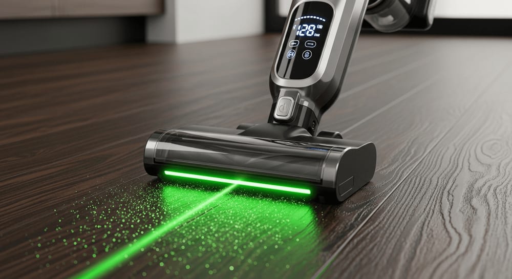 Neue Akku-Handstaubsauger 2026: High-Tech-Modell mit grüner Laser-Stauberkennung auf einem dunklen Holzboden.