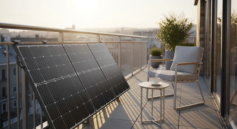 Modernes Balkonkraftwerk 2026 mit zwei Solarmodulen am Balkongeländer in der Morgensonne.