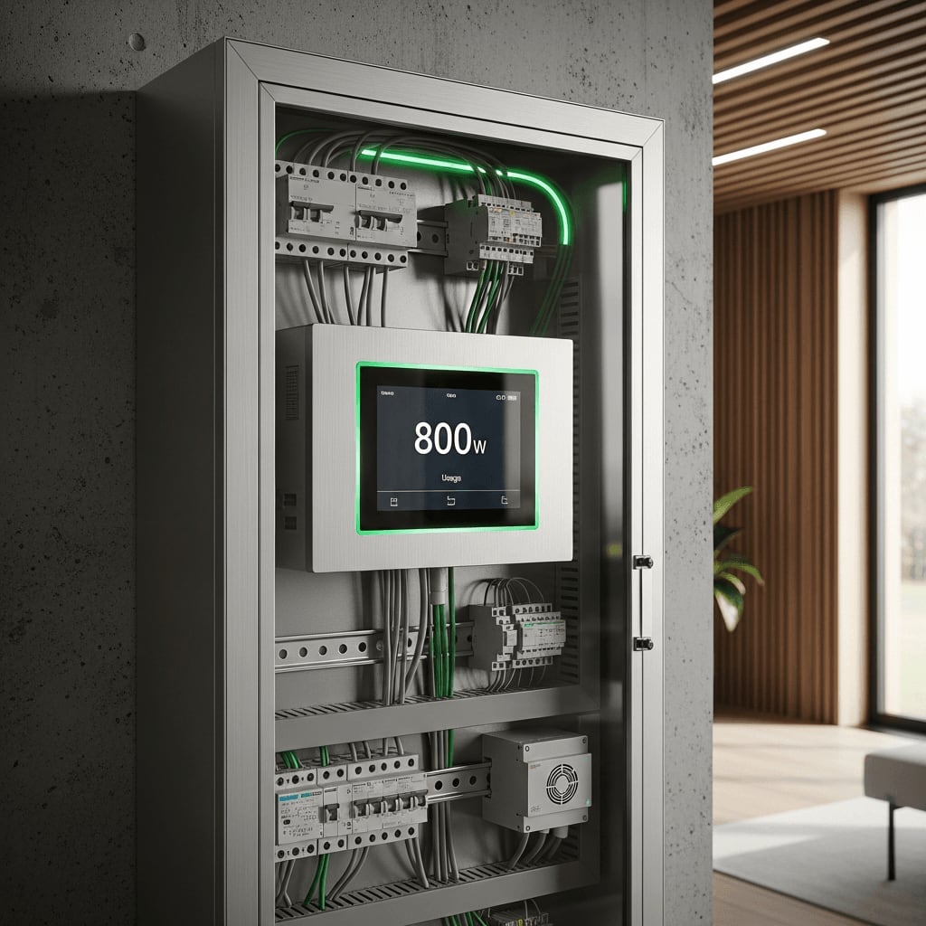 Digitales Smart-Home-Display zeigt die 800 Watt Einspeisung für das neue Balkonkraftwerk 2026.