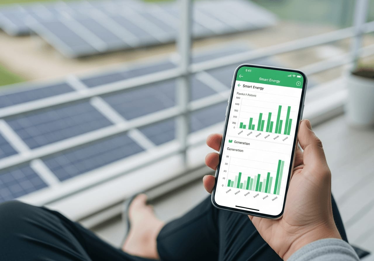 Person prüft den Stromertrag vom Balkonkraftwerk 2026 über eine Smart-Home-App auf dem Smartphone.