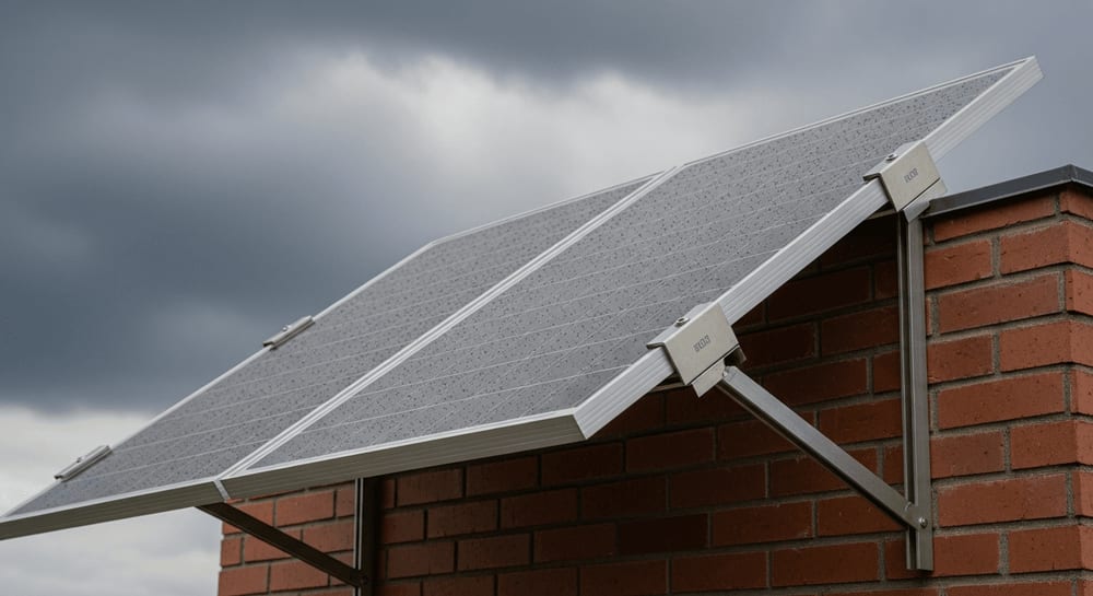 Sturmsicheres Balkonkraftwerk anbringen: Ein fest an einer Ziegelwand montiertes Solarmodul trotzt dunklem Herbststurm.