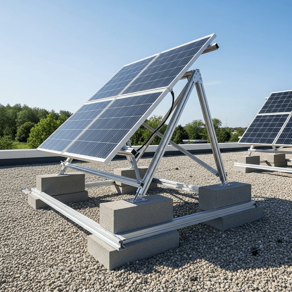 Balkonkraftwerk anbringen auf dem Flachdach: Aufgeständertes Solarmodul, das mit schweren Betonsteinen gesichert ist.