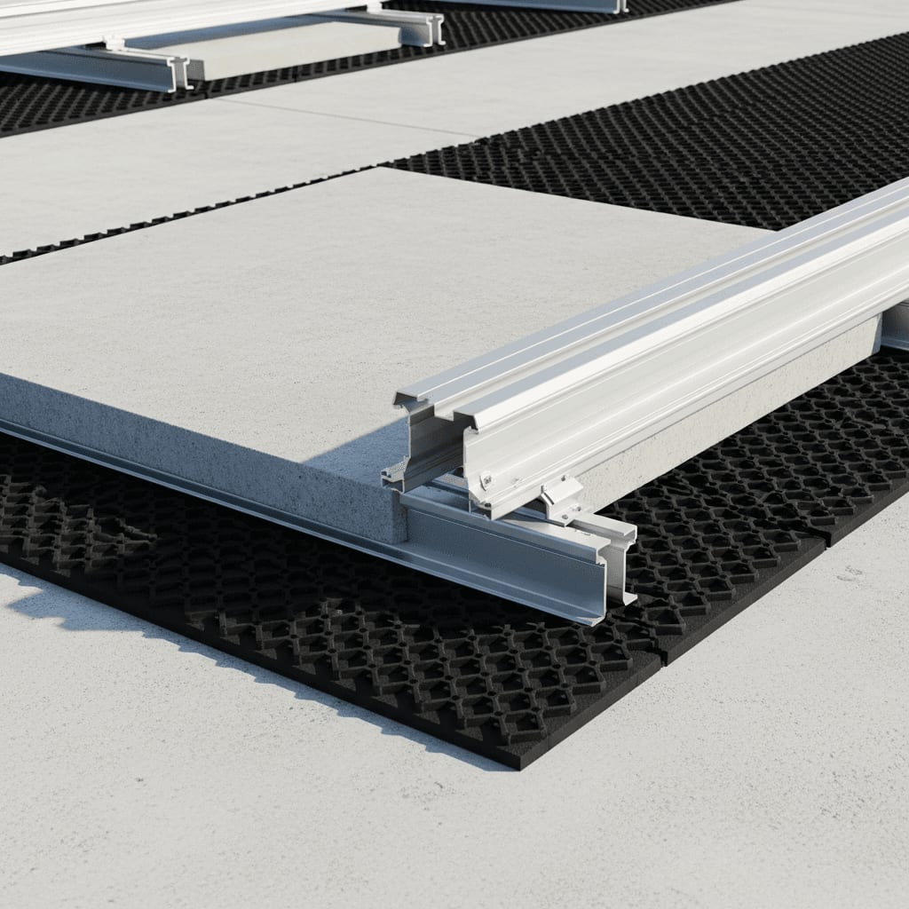 Bautenschutz beim Balkonkraftwerk anbringen: Detailansicht einer dicken Gummimatte unter Betonballast und Alu-Schiene.